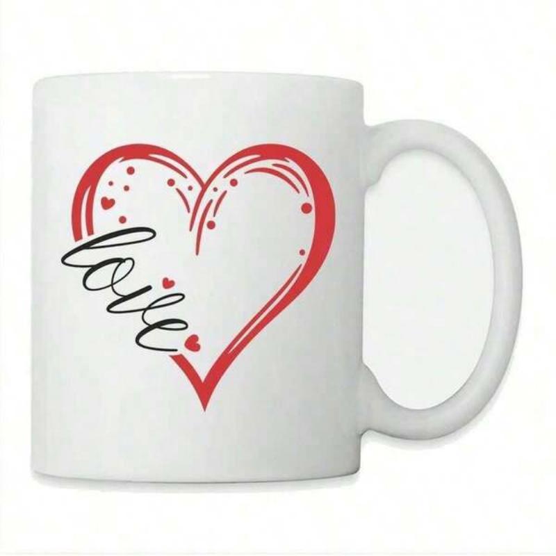 Tailorly White Ceramic 11 oz Mug - Love Artistic Red Outlined Sketch With Cursive Script And Small Floating Dots Heart