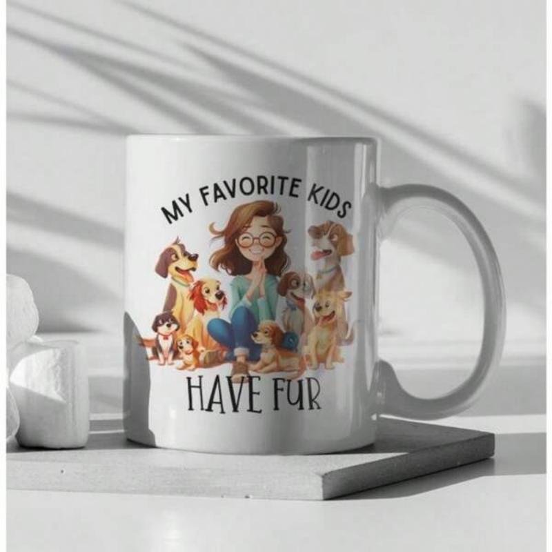 Tailorly White Ceramic 11 oz Mug - My Favorite Kids Have Fur Hand Drawn Cartoon Illustration Of Girl Sitting With Happy Dogs Woman