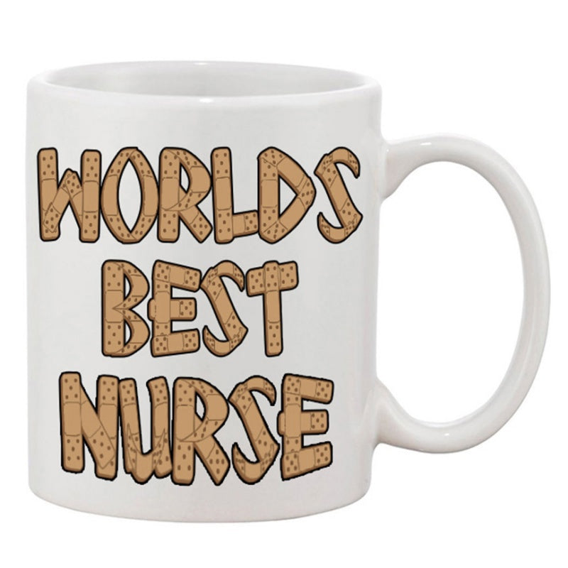 Tailorly White Ceramic 11 oz Mug - Worlds Best Nurse Stylized Medical Bandage Texture Printed On A Glossy White Background Nurse