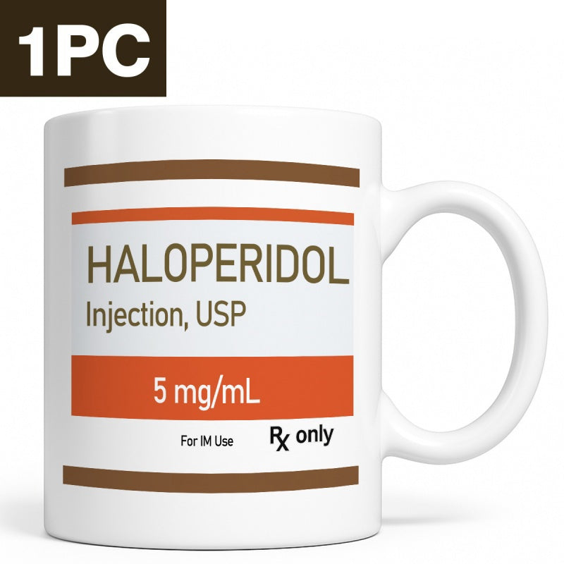 Tailorly White Ceramic 11 oz Mug - Haloperidol Injection Usp 5 Mg Ml For IM Use Rx Only Medical Prescription Label With Vibrant Orange Horizontal Stripes Mug