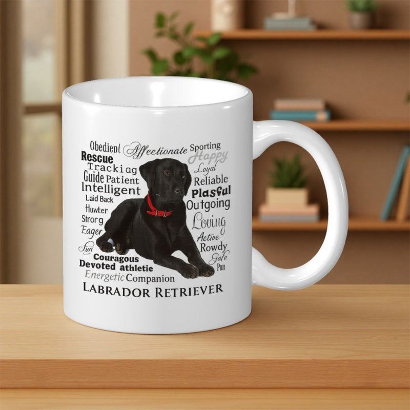 Tailorly White Ceramic 11 oz Mug - Labrador Retriever Loyal Black Dog Sitting Calmly Surrounded By Artistic Descriptive Word Cloud Labrador