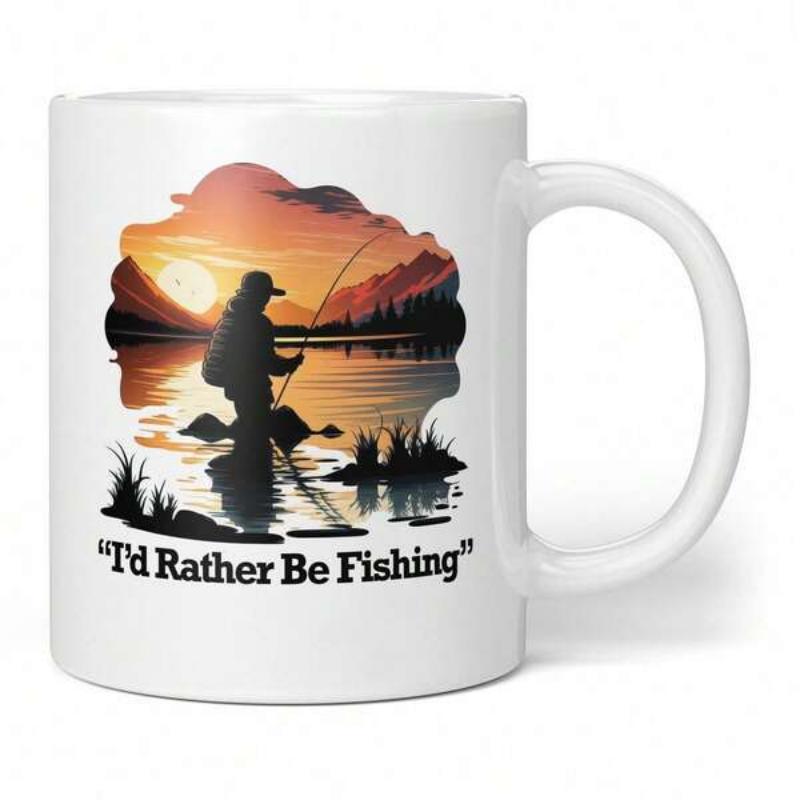 Tailorly White Ceramic 11 oz Mug - Id Rather Be Fishing Serene Mountain Lake Silhouette Under Golden Glowing Sunset Fisherman