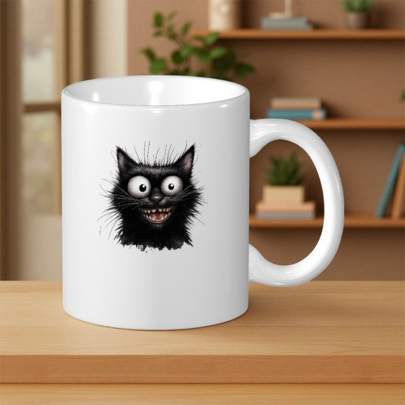 Tailorly White Ceramic 11 oz Mug - Funny Scruffy Black Cat With Wide Bulging Eyes And Grinning Teeth Cat