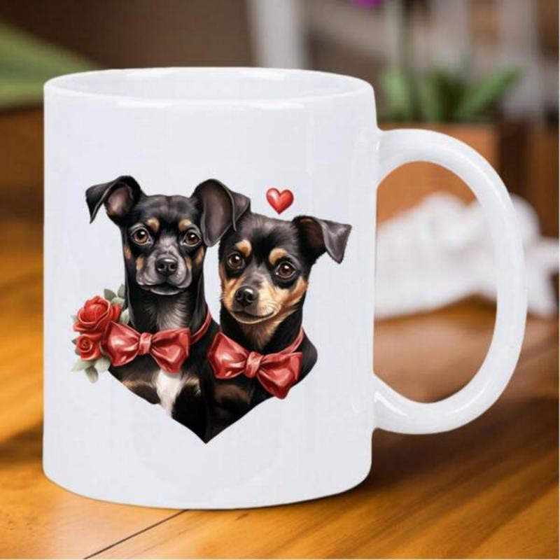 Tailorly White Ceramic 11 oz Mug - Two Adorable Puppies With Red Bowties And Blooming Roses Under Heart Dog