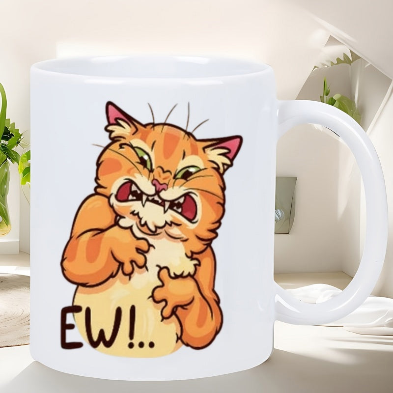 Tailorly White Ceramic 11 oz Mug - Ew Angry Orange Tabby Showing Sharp Teeth With Disgusted Expression Cat