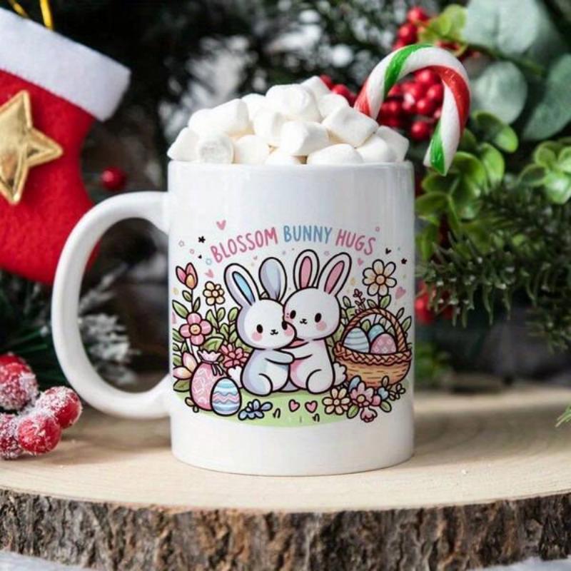 Tailorly White Ceramic 11 oz Mug - Blossom Bunny Hugs Two Adorable Bunnies Hugging Amidst Spring Flowers And Colorful Easter Eggs Rabbit