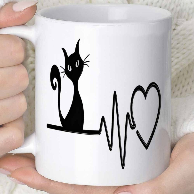 Tailorly White Ceramic 11 oz Mug - Minimalist Black Silhouette Sitting Near Heartbeat Line And Heart Symbol Cat