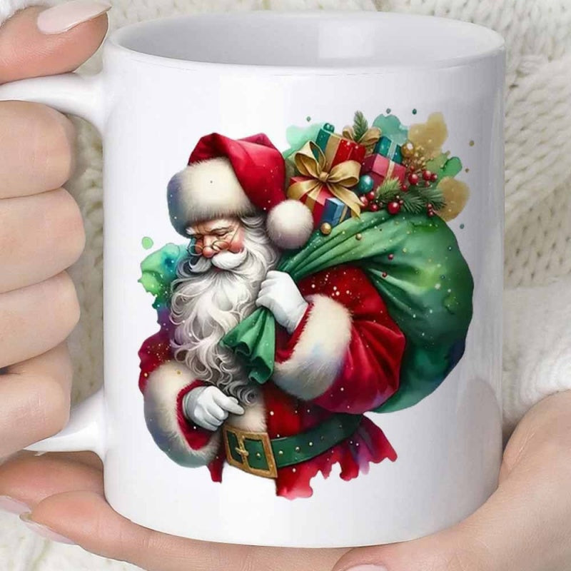 Tailorly White Ceramic 11 oz Mug - Traditional Watercolor Style Carrying Sack Of Gifts Through Snowy Winter Holiday Santa Claus