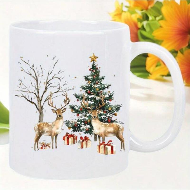 Tailorly White Ceramic 11 oz Mug - Elegant Forest Reindeer Under Starry Christmas Tree Surrounded By Holiday Gift Packages Reindeer
