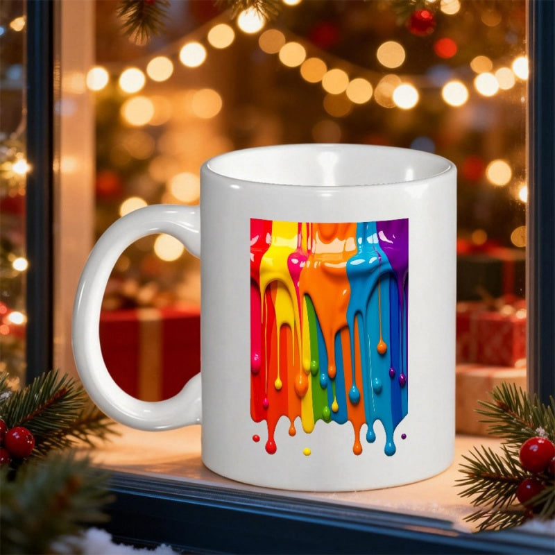 Tailorly White Ceramic 11 oz Mug - Vibrant Rainbow Colors Flowing Down In Thick Droplets Of Melting Paint