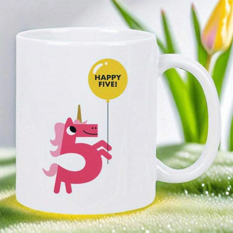 Tailorly White Ceramic 11 oz Mug - Happy Five Magical Pink Mythical Creature Shaped Like Number Five Holding Yellow Balloon Unicorn