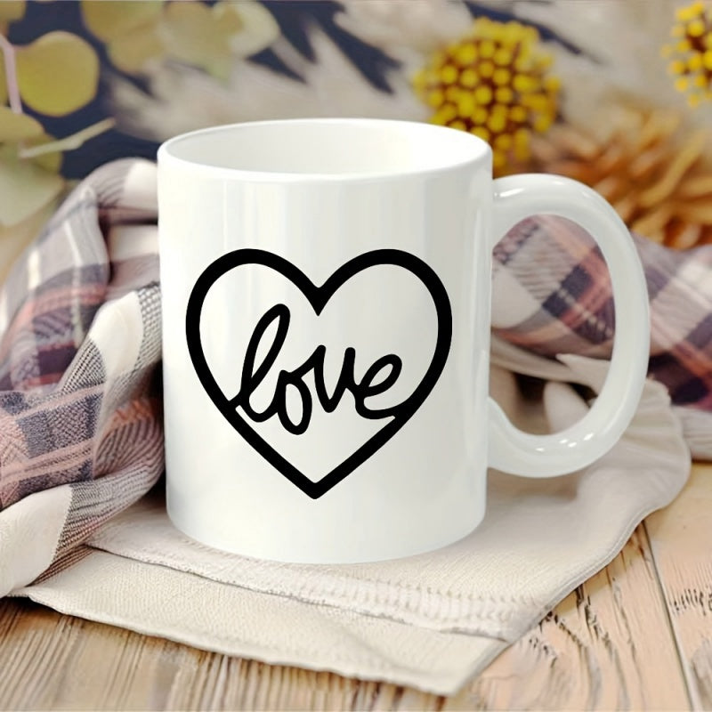 Tailorly White Ceramic 11 oz Mug - Love Minimalist Black Heart Outline With Elegant Script Lettering Graphic Heart