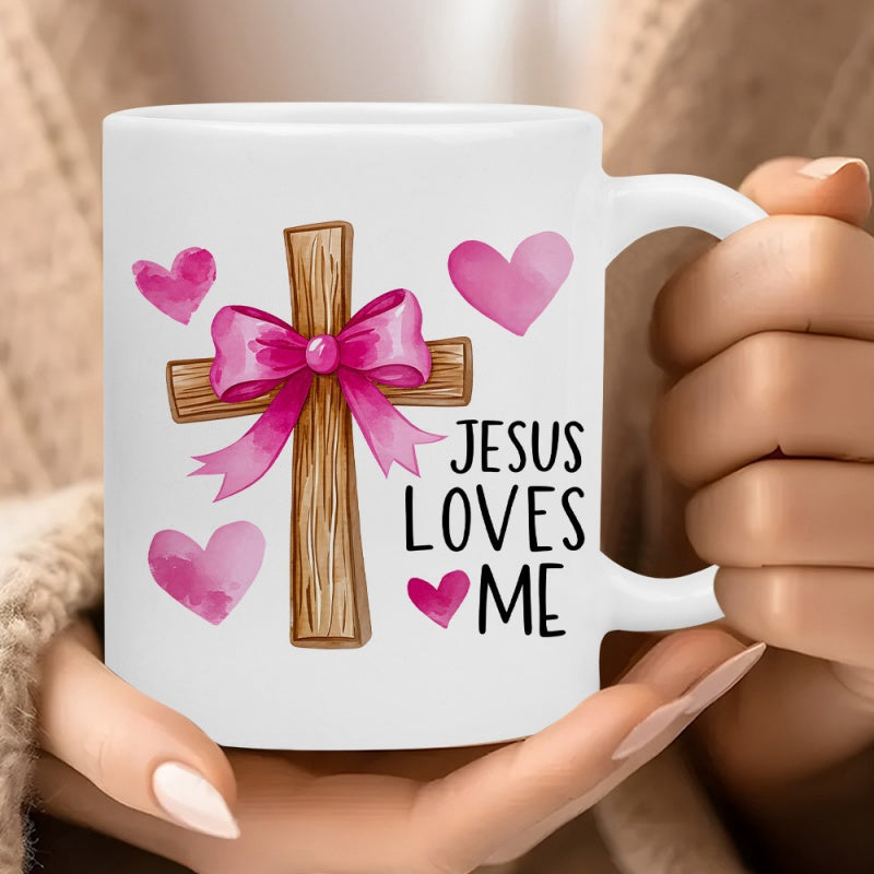 Tailorly White Ceramic 11 oz Mug - Jesus Loves Me Wooden Texture Cross Decorated With Pink Bow Among Watercolor Pink Hearts Cross