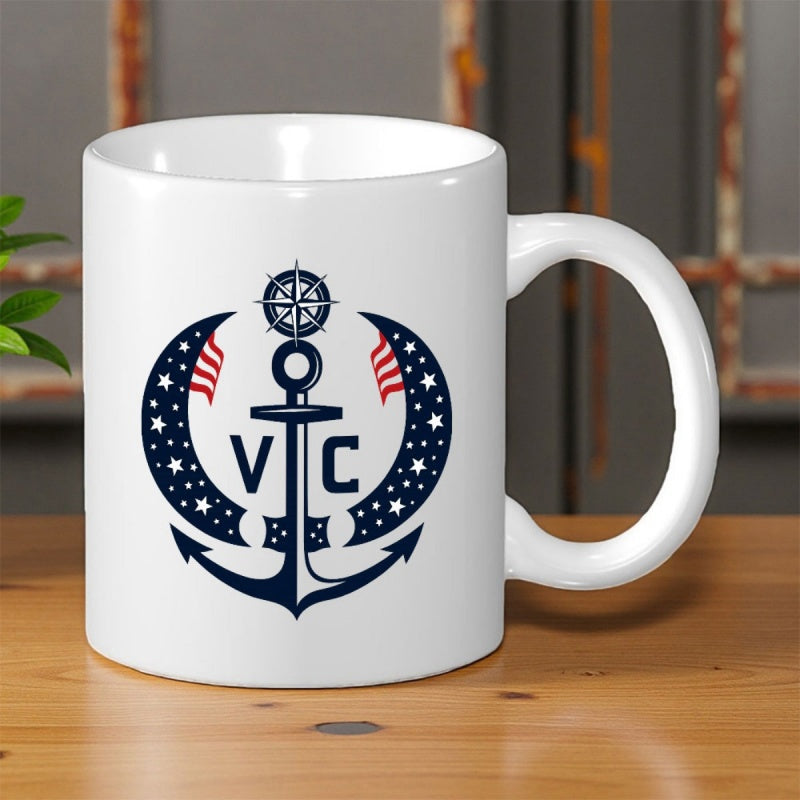 Tailorly White Ceramic 11 oz Mug - VC Patriotic Nautical Emblem With Stars And Stripes Surrounding A Classic Heavy Anchor