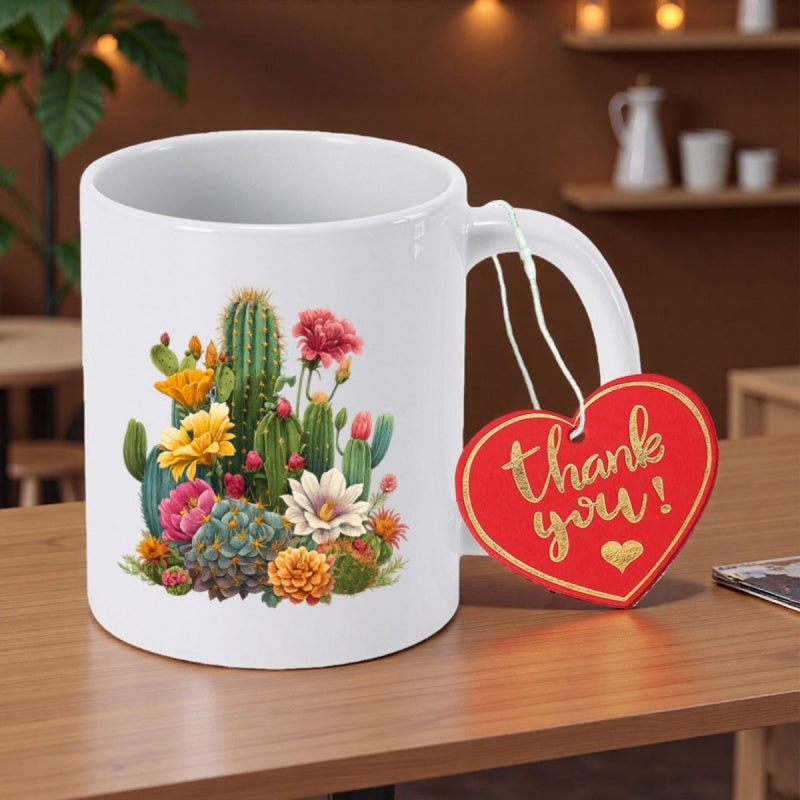 Tailorly White Ceramic 11 oz Mug - Thank You Vibrant Desert Plants With Blooming Flowers And Green Prickly Succulents Cactus