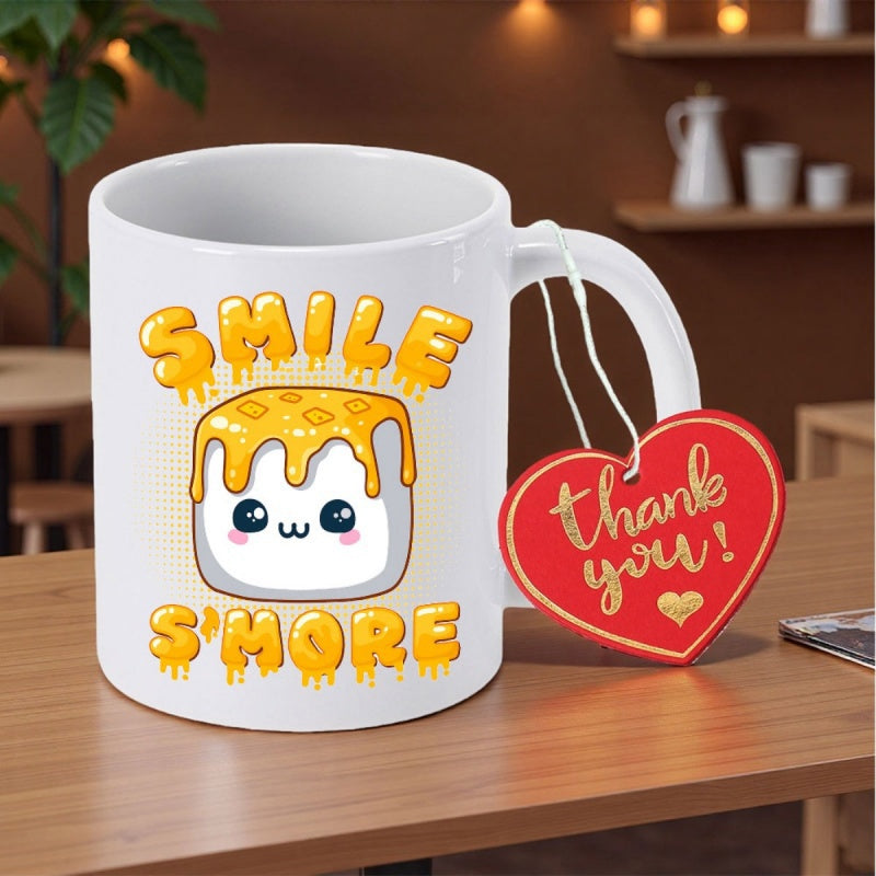 Tailorly White Ceramic 11 oz Mug - Smile S'more Thank You Sweet Cartoon Character With Yellow Honey Dripping Over Top Marshmallow