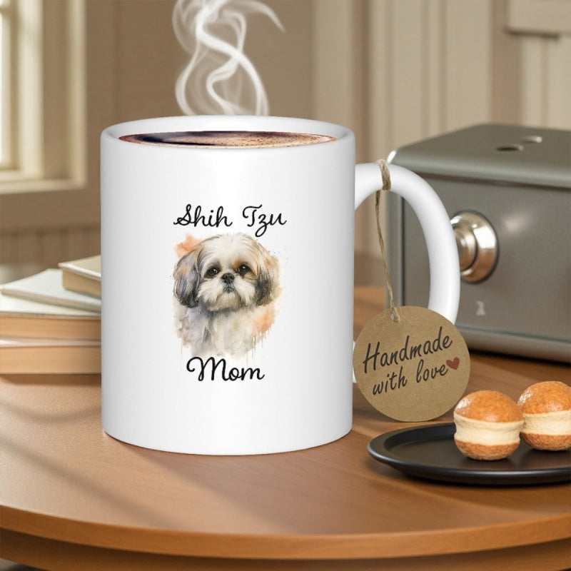 Tailorly White Ceramic 11 oz Mug - Shih Tzu Mom Realistic Watercolor Style Furry Pet Portrait With Gentle Expressive Eyes Dog
