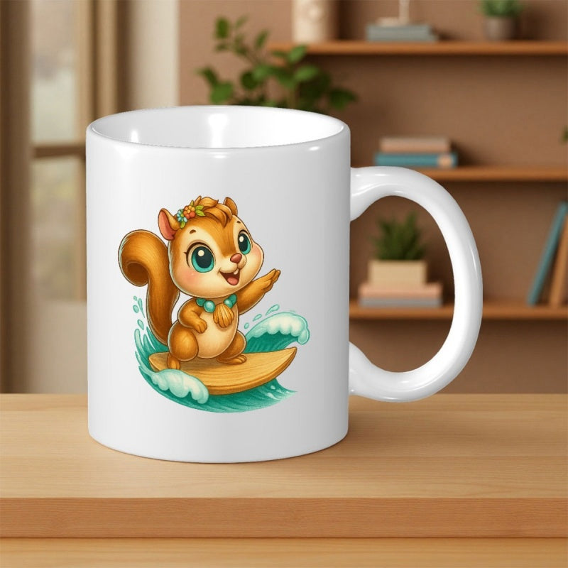 Tailorly White Ceramic 11 oz Mug - Adorable Cartoon Animal Surfing On Bright Turquoise Ocean Waves Under Summer Sun Squirrel