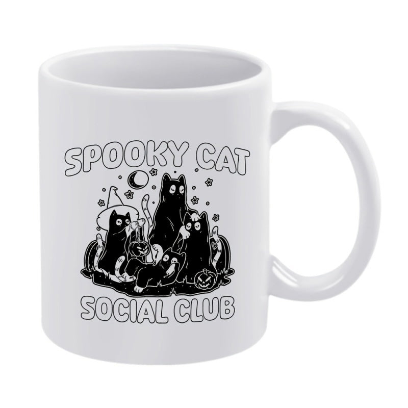 Tailorly White Ceramic 11 oz Mug - Spooky Cat Social Club Mysterious Night Scene With Silhouette Feline Wearing Witch Hat Cat