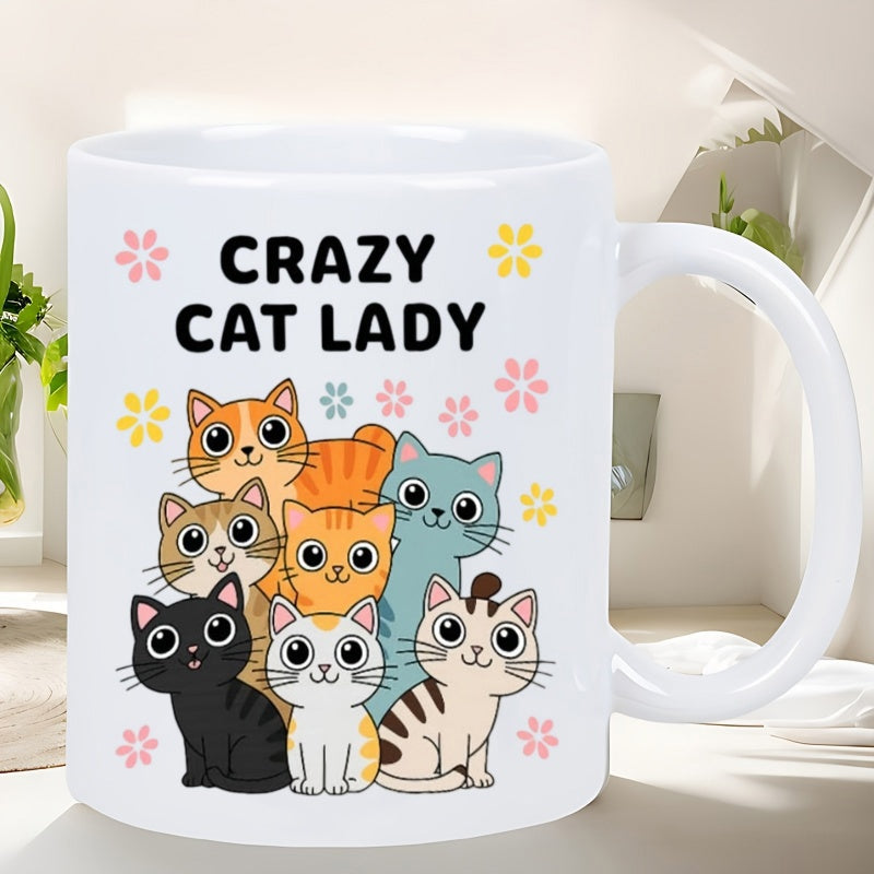 Tailorly White Ceramic 11 oz Mug - Crazy Cat Lady Adorable Cartoon Kittens Huddling Together Surrounded By Tiny Pastel Colored Flowers Cat