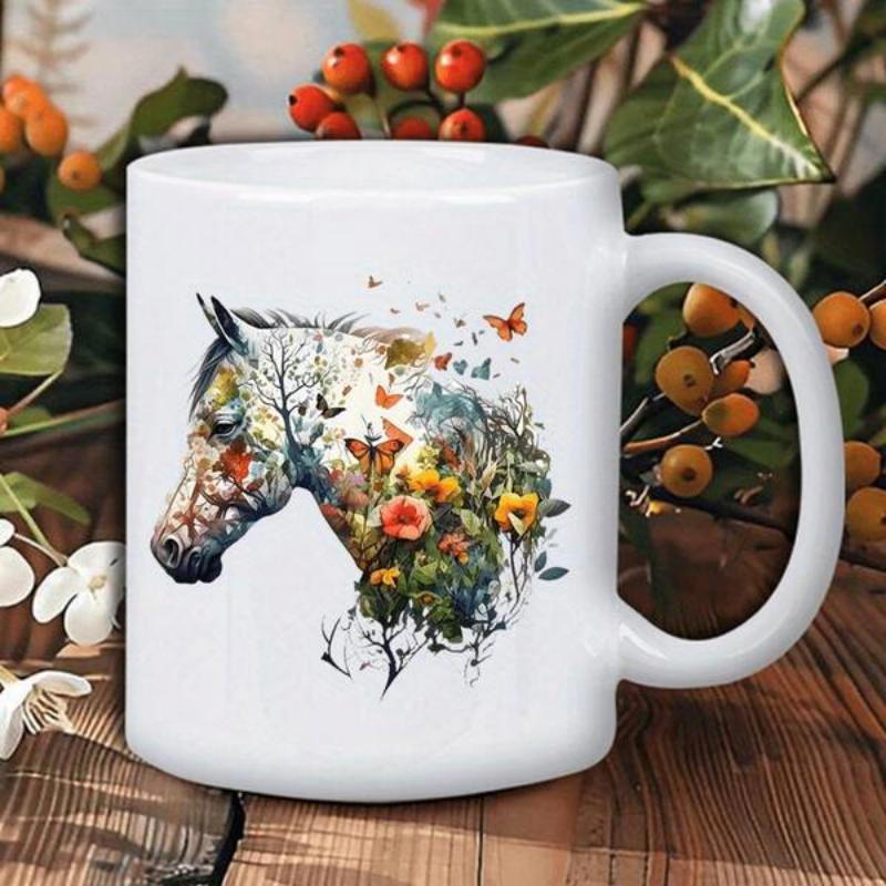 Tailorly White Ceramic 11 oz Mug - Artistic Silhouette With Blooming Colorful Flowers And Fluttering Butterflies Nature Horse