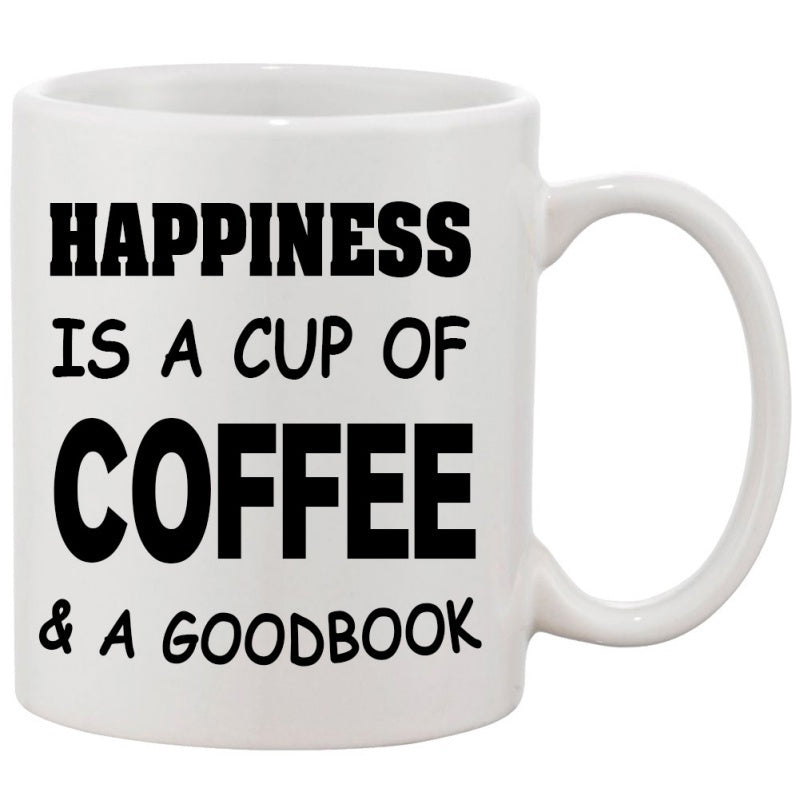 Tailorly White Ceramic 11 oz Mug - Happiness Is A Cup Of Coffee A Goodbook Minimalist White Ceramic Body With Simple Bold Black Lettering Mug