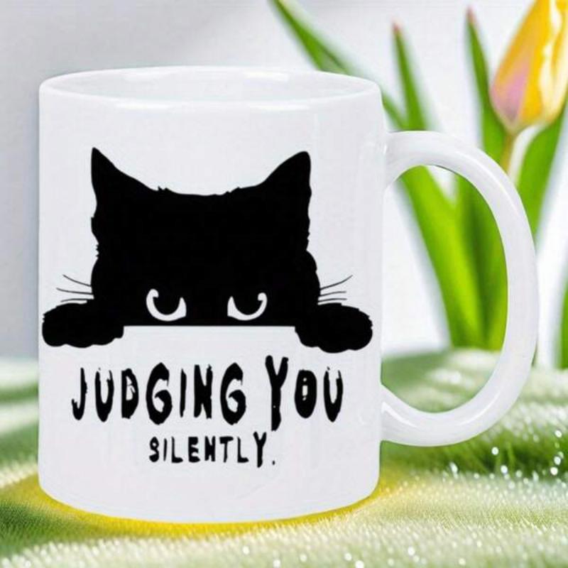 Tailorly White Ceramic 11 oz Mug - Judging You Silently Curious Black Kitten Peeking Over Edge With Long Whiskers Cat