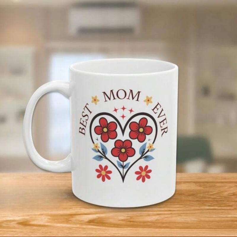 Tailorly White Ceramic 11 oz Mug - Best Mom Ever Red Flowers Blooming Inside A Decorative Heart With Small Yellow Stars Heart