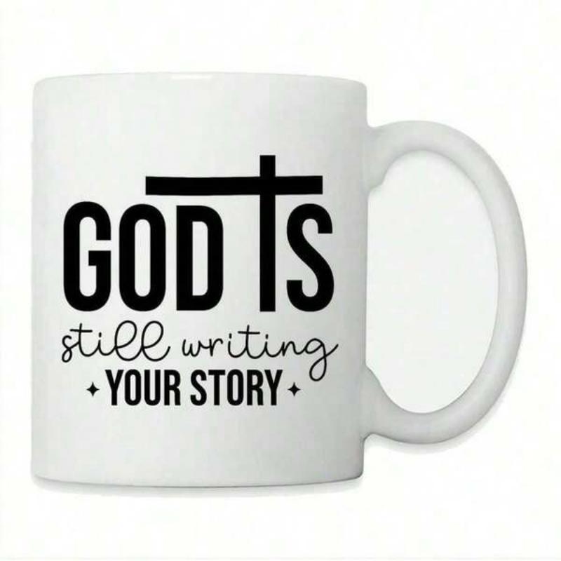 Tailorly White Ceramic 11 oz Mug - God Is Still Writing Your Story Minimalist Black Ink Design Featuring Religious Cross Symbol On Mug