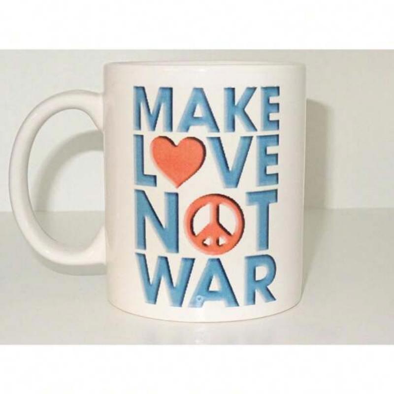 Tailorly White Ceramic 11 oz Mug - Make Love Not War Bold Blue Three Dimensional Letters Featuring Red Heart And Peace Sign Slogan