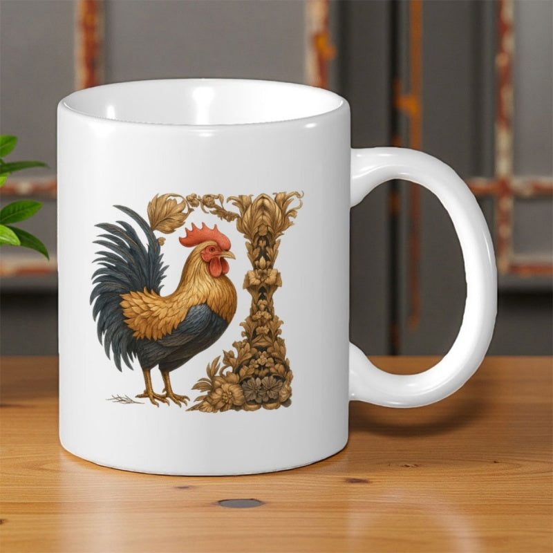 Tailorly White Ceramic 11 oz Mug - Detailed Golden Feathers With Ornate Classical Carving Around A Proud Rooster