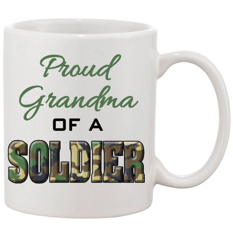 Tailorly White Ceramic 11 oz Mug - Proud Grandma Of A Soldier Camouflage Pattern With Military Themed Bold Block Lettering Soldier