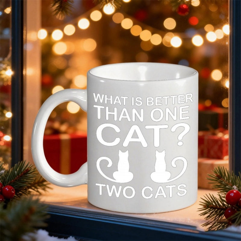 Tailorly White Ceramic 11 oz Mug - What Is Better Than One Cat Two Cats Minimalist Symmetrical Feline Silhouettes With Elegant Long Curving Tails Cat