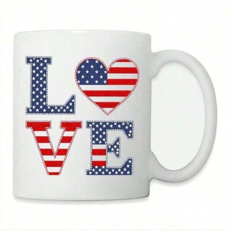 Tailorly White Ceramic 11 oz Mug - Love Patriotic American Flag Themed Letters With A Star Spangled Banner Heart