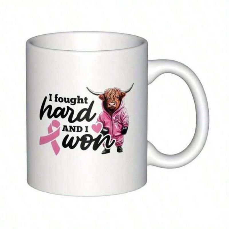 Tailorly White Ceramic 11 oz Mug - I Fought Hard And I Won Adorable Hairy Highland Cow In Pink Tracksuit Standing Alone Cow