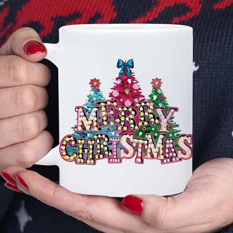 Tailorly White Ceramic 11 oz Mug - Merry Christmas Colorful Vibrant Holiday Trees Decorated With Glowing Marquee Light Christmas Tree