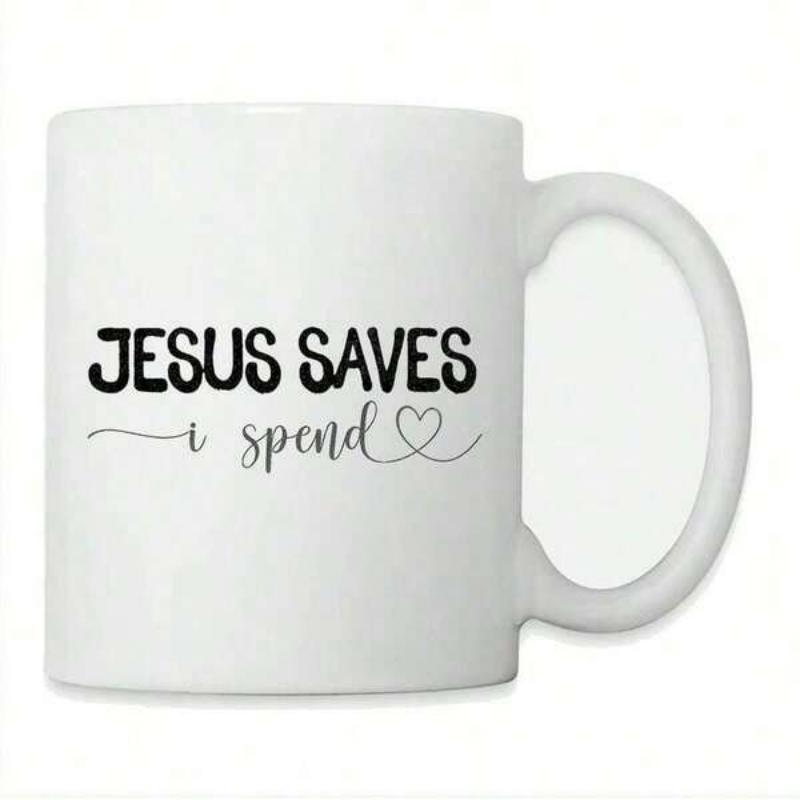 Tailorly White Ceramic 11 oz Mug - Jesus Saves I Spend Minimalist Black Typography With Elegant Script And Small Delicate Heart Mug