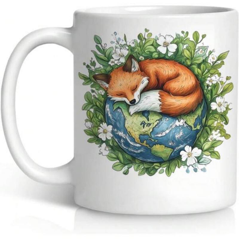 Tailorly White Ceramic 11 oz Mug - Adorable Wild Fox Curled Up Sleeping On A Beautiful Flowery Earth Fox