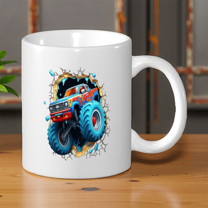 Tailorly White Ceramic 11 oz Mug - Powerful Vehicle With Large Blue Tires Bursting Through Stone Wall Monster Truck