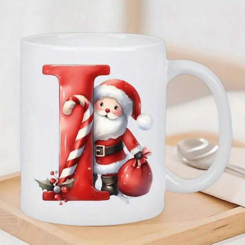 Tailorly White Ceramic 11 oz Mug - L Festive Red Letter Accompanied By Candy Cane And Cute Gift Bag Santa
