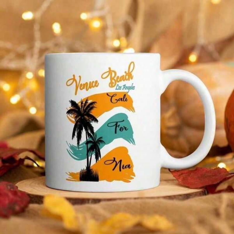 Tailorly White Ceramic 11 oz Mug - Venice Beach Los Angeles Colorful Vibrant Artistic Brush Strokes With Tropical Black Silhouette Palm Tree