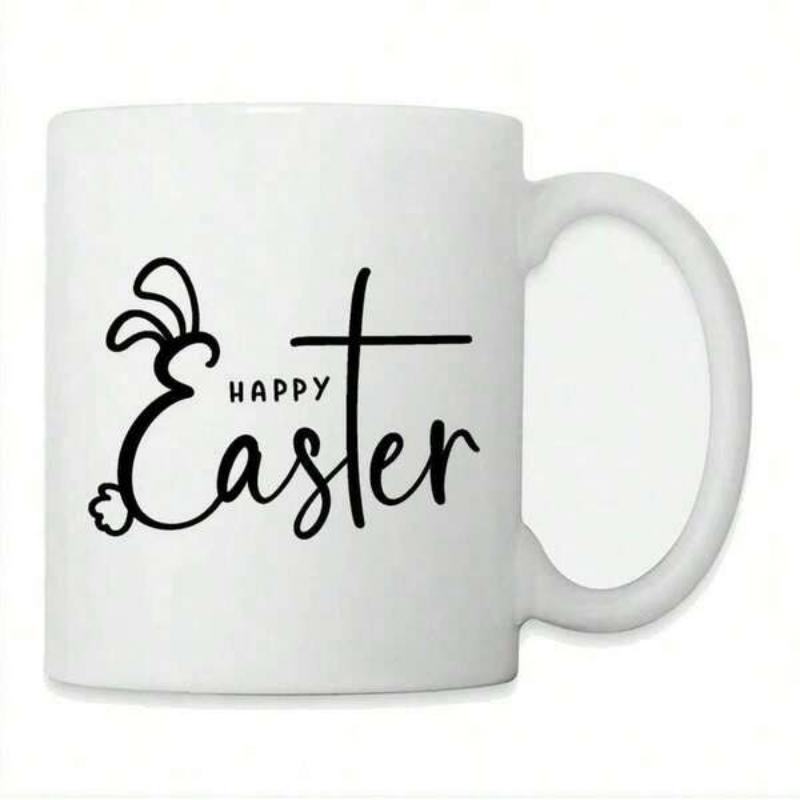 Tailorly White Ceramic 11 oz Mug - Happy Easter Minimalist Black Line Art Featuring Bunny Ears And Religious Cross Bunny