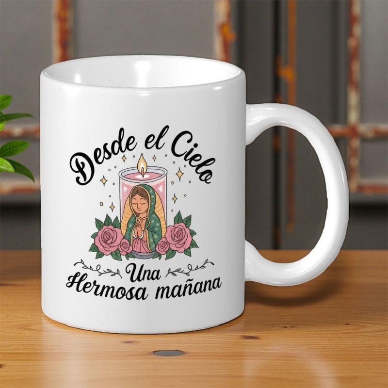 Tailorly White Ceramic 11 oz Mug - Spiritual Religious Figure On Glowing Candle Surrounded By Pink Roses Mug