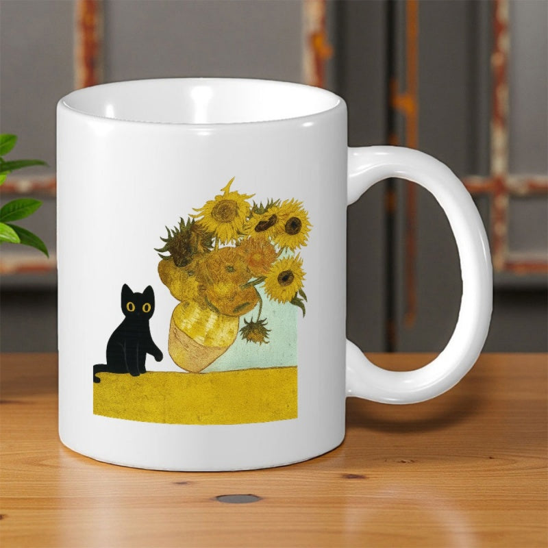 Tailorly White Ceramic 11 oz Mug - Whimsical Black Cat Sitting Beside Vibrant Sunflowers Inside A Decorative Vase Cat