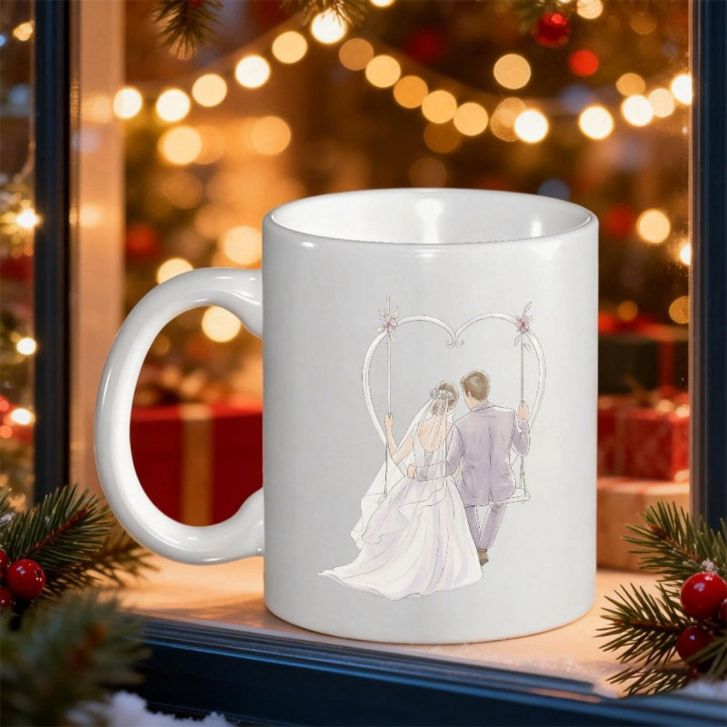 Tailorly White Ceramic 11 oz Mug - Romantic Wedding Couple Sitting On Swing Under Heart Shaped Archway Couple