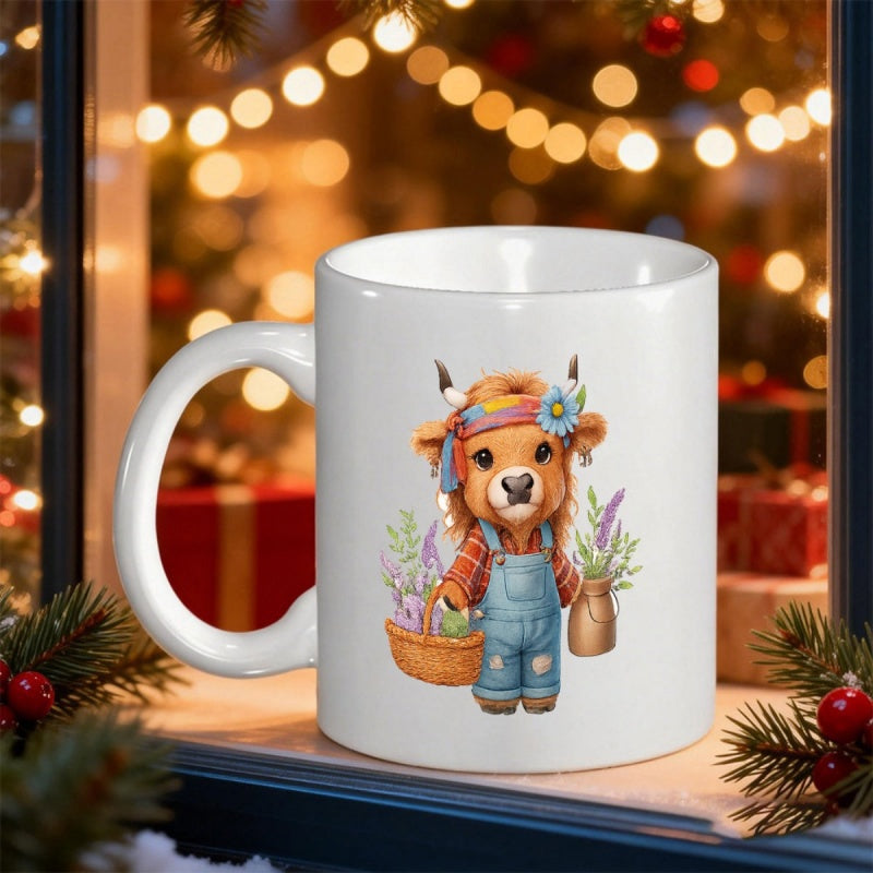 Tailorly White Ceramic 11 oz Mug - Adorable Baby Calf Wearing Denim Overalls Holding Floral Basket Highland Cow