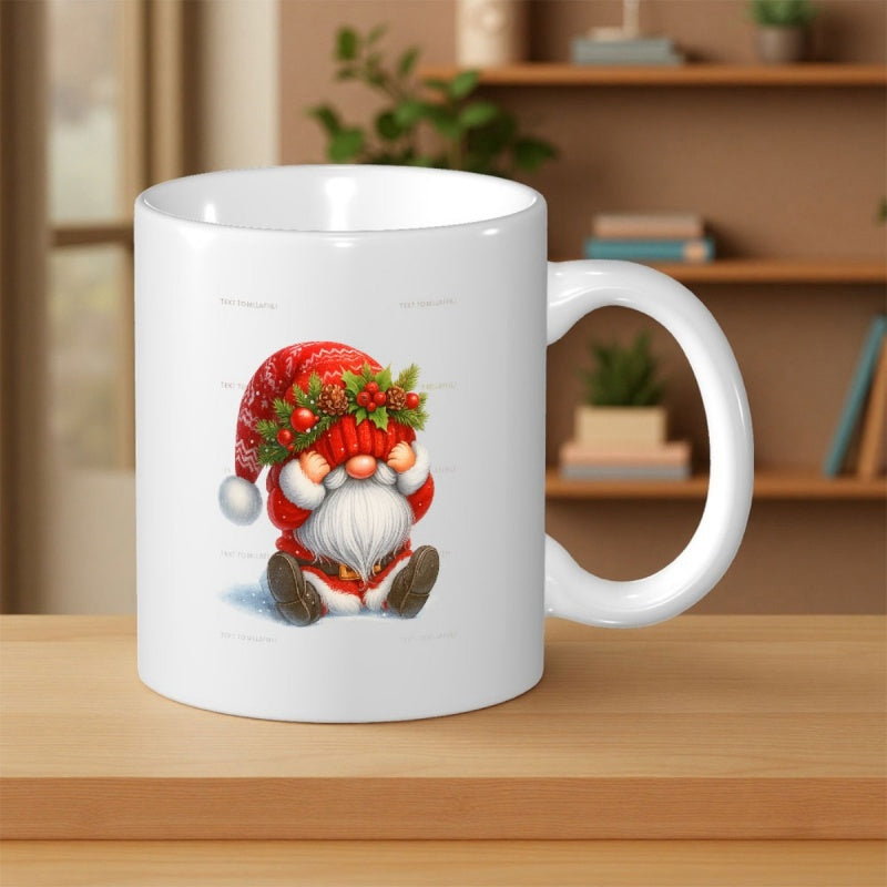 Tailorly White Ceramic 11 oz Mug - Festive Little Holiday Character With Holly Wreath Wearing Red Hat Gnome