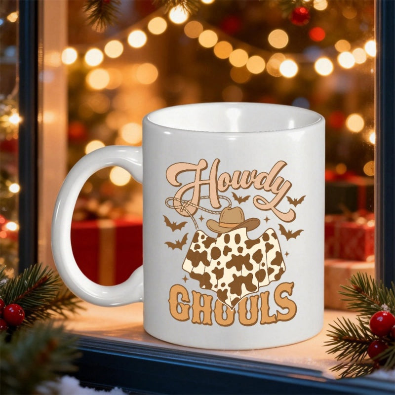 Tailorly White Ceramic 11 oz Mug - Howdy Ghouls Playful Western Style With Cow Print And Flying Bats Ghost
