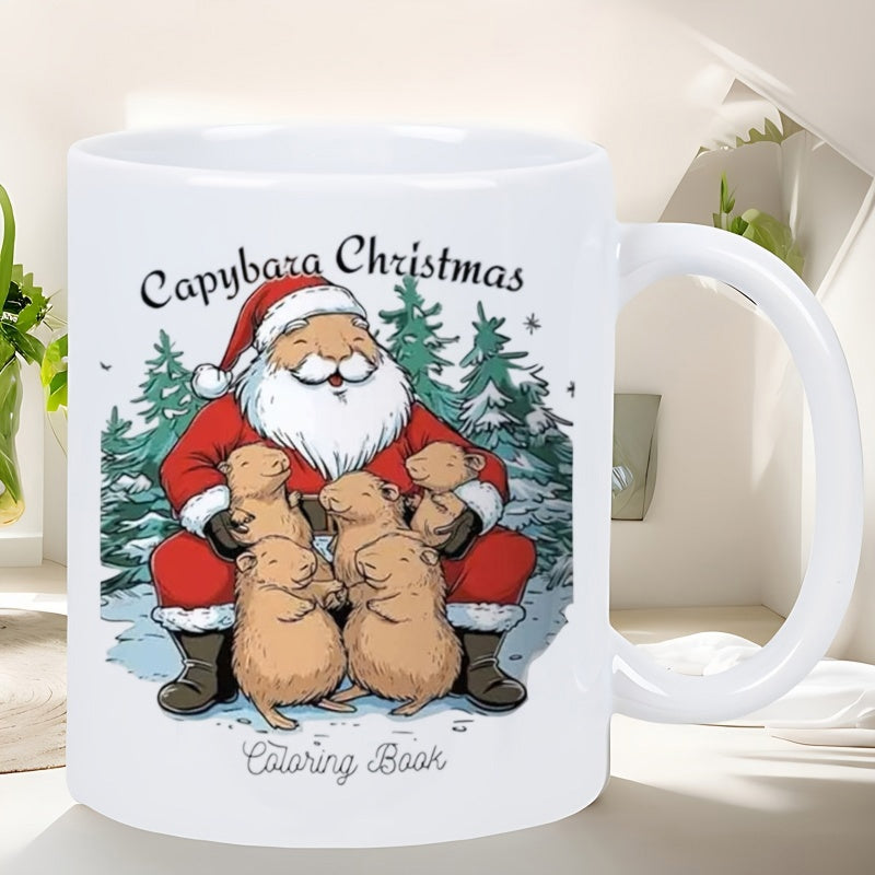 Tailorly White Ceramic 11 oz Mug - Capybara Christmas Coloring Book Jolly Santa Sitting Among Little Capybaras In Snow Santa