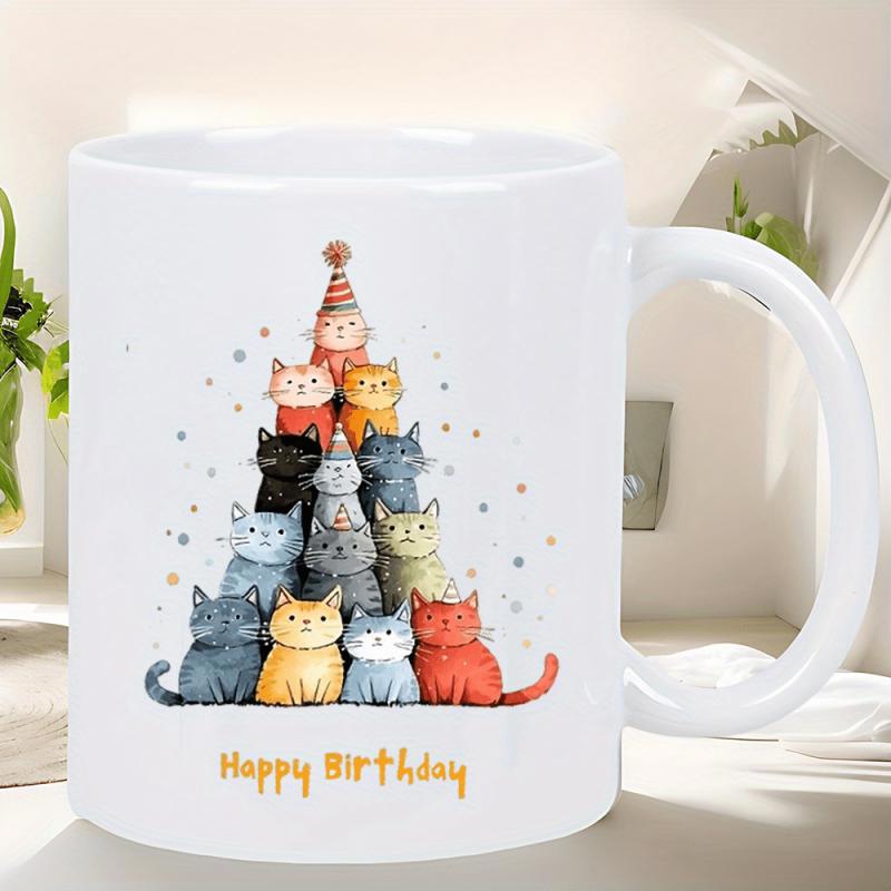 Tailorly White Ceramic 11 oz Mug - Happy Birthday Festive Colorful Cartoon Kittens Arranged In A Decorative Triangle Pyramid Stacked Cats
